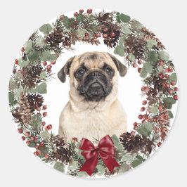 Pug Dog Red Bow Pinecone Wreater Kerstmis Ronde Sticker