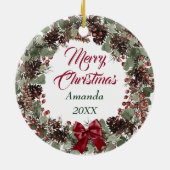 Pug Dog Red Bow Pinecone Wreath Personalized Keramisch Ornament (Achterkant)