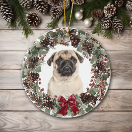 Pug Dog Red Bow Pinecone Wreath Personalized Keramisch Ornament
