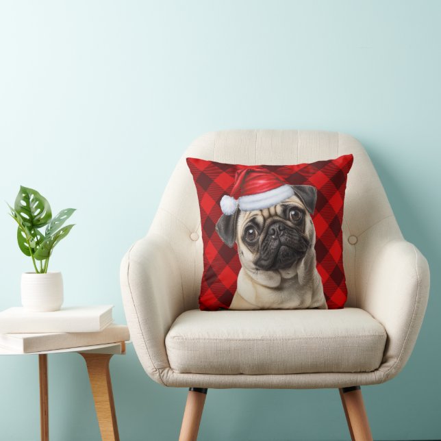 Pug Dog Red Buffalo Plaid Christmas Holiday Kussen (Stoel)