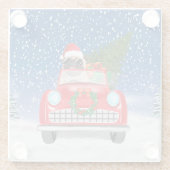 Pug Dog rijdende auto met sneeuwkerst Glazen Onderzetter (Achterkant)
