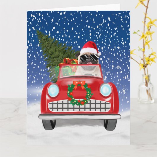 Pug Dog rijdende auto met sneeuwkerst Kaart (Gele Bloem)