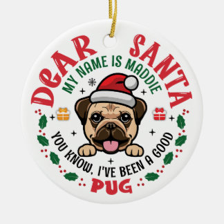 Pug Dog Santa Gepersonaliseerde Kerstboom Rond Keramisch Ornament