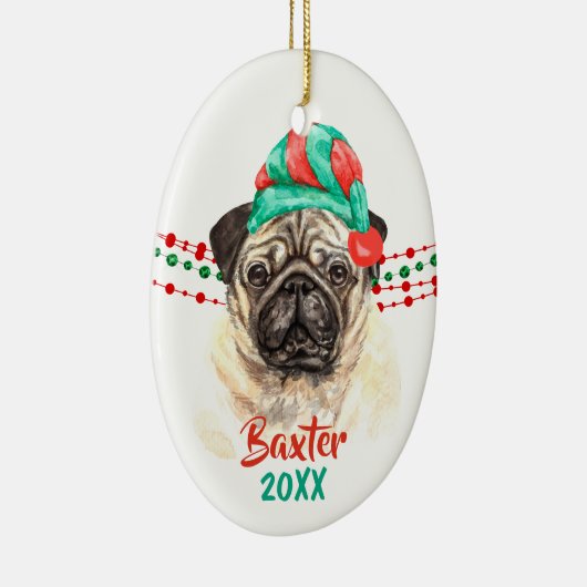 Pug Dog Santa Hat Holiday String Beads Keramisch Ornament (Rechts)