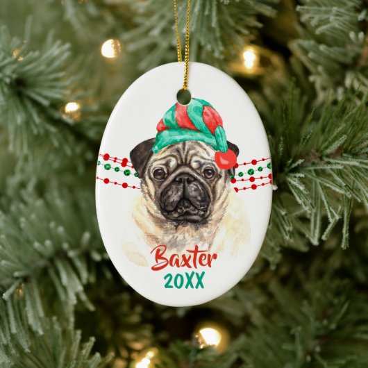 Pug Dog Santa Hat Holiday String Beads Keramisch Ornament (Boom)