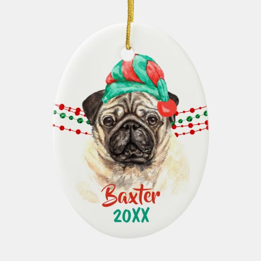 Pug Dog Santa Hat Holiday String Beads Keramisch Ornament (Voorkant)