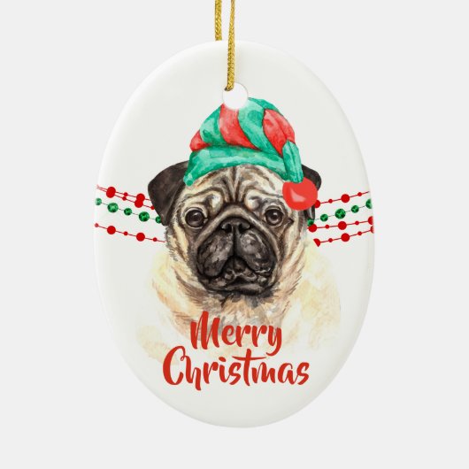 Pug Dog Santa Hat Holiday String Beads Keramisch Ornament (Achterkant)