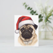 Pug Dog Santa Hat Merry Christmas Art Feestdagenkaart (Staand voorkant)