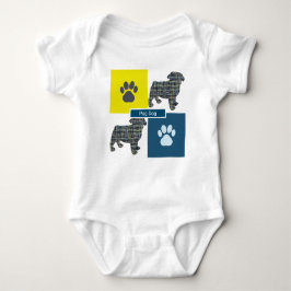 Pug Dog Silhouette Dog & Paw Yellow & Blue Grid Romper