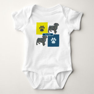 Pug Dog Silhouette Dog & Paw Yellow & Blue Grid Romper