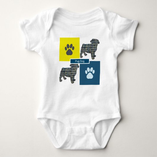 Pug Dog Silhouette Dog & Paw Yellow & Blue Grid Romper (Voorkant)
