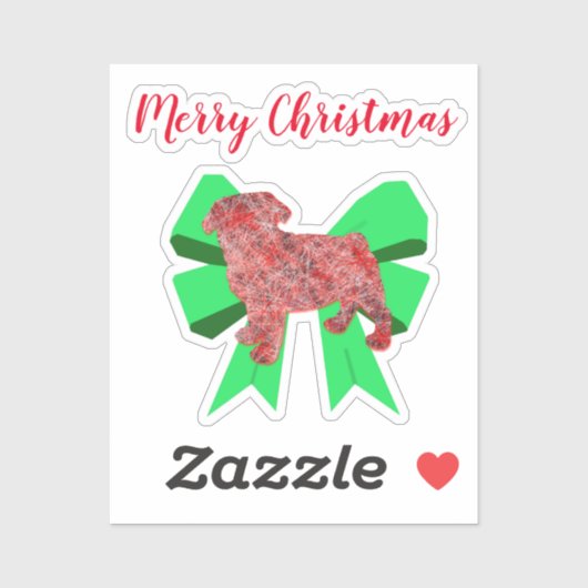 Pug Dog Silhouette Green Bow Kerst sticker (Vel)