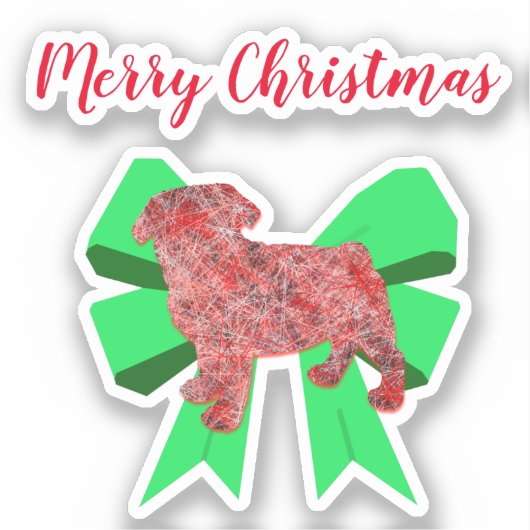 Pug Dog Silhouette Green Bow Kerst sticker (Voorkant)