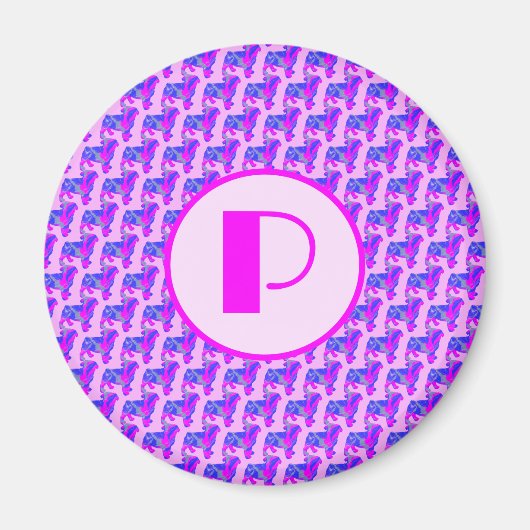 Pug Dog Silhouette Pink & Blue Silhouette Monogram Magneet (Voorkant)