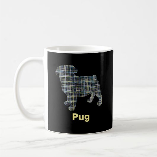 Pug Dog Silhouette Yellow & Blue Grid Koffiemok (Links)