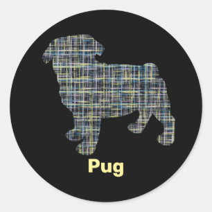 Pug Dog Silhouette Yellow & Blue Grid Ronde Sticker