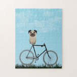 Pug Dog Sitting on  Bicycle Jigzaag Puzzle Legpuzzel<br><div class="desc">Puzzle met een schattige Pug op een ouderwetse fiets op een blauwe zomerdag.</div>