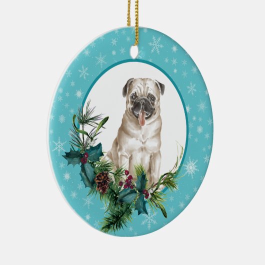 Pug Dog Snowflake Blue Lijst Holiday Bouquet Keramisch Ornament (Rechts)
