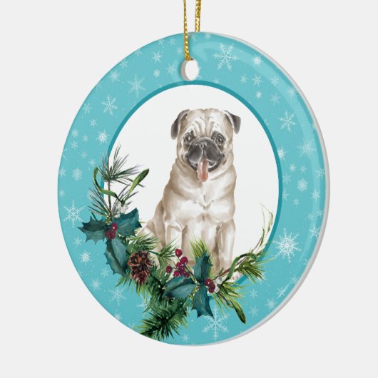 Pug Dog Snowflake Blue Lijst Holiday Bouquet Keramisch Ornament (Links)
