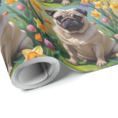 Pug Dog Spring Bloemen Schilderen Cadeaupapier (Rol Hoek)