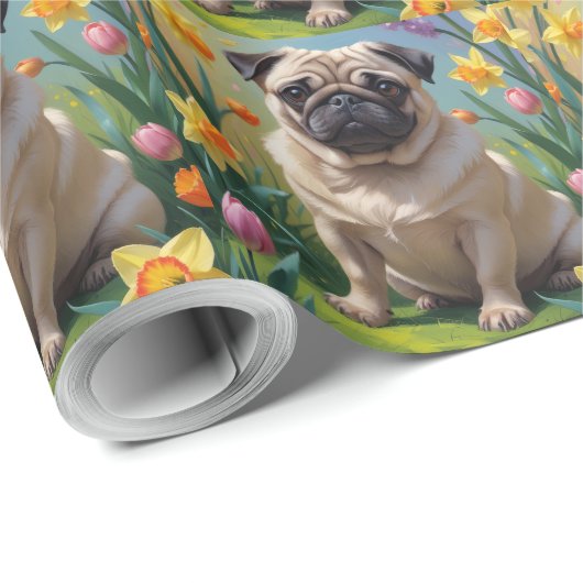 Pug Dog Spring Bloemen Schilderen Cadeaupapier (Rol Hoek)