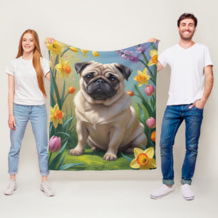 Pug Dog Spring Bloemen Schilderen Fleece Deken
