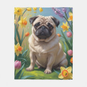 Pug Dog Spring Bloemen Schilderen Fleece Deken (Voorkant)