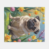 Pug Dog Spring Bloemen Schilderen Fleece Deken (Voorkant (Horizontaal))