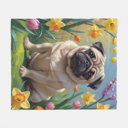 Pug Dog Spring Bloemen Schilderen Fleece Deken (Voorkant (Horizontaal))