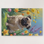 Pug Dog Spring Bloemen Schilderen Legpuzzel (Horizontaal)