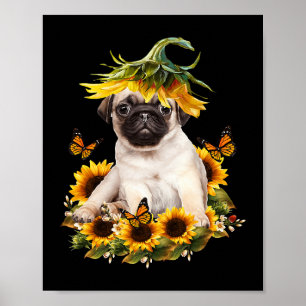 Pug Dog Sunflower Butterfly Cute Hondenliefhebber  Poster
