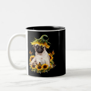 Pug Dog Sunflower Butterfly Cute Hondenliefhebber  Tweekleurige Koffiemok