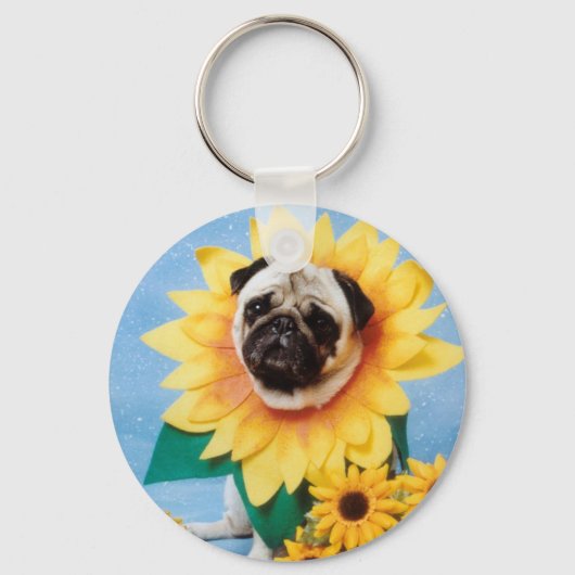 Pug Dog Sunflower Sleutelhanger (Voorkant)
