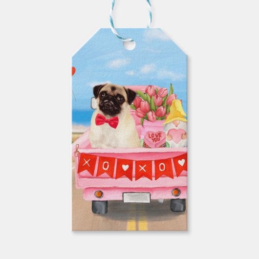 Pug Dog Valentijnsdag Truck Hearts Cadeaulabel (Voorkant)