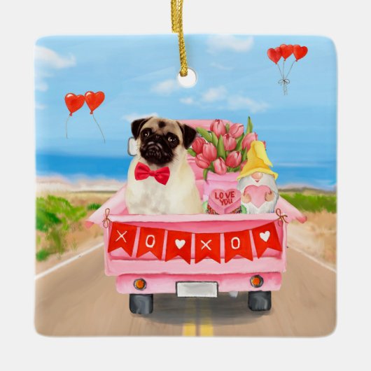 Pug Dog Valentijnsdag Truck Hearts Keramisch Ornament (Voorkant)