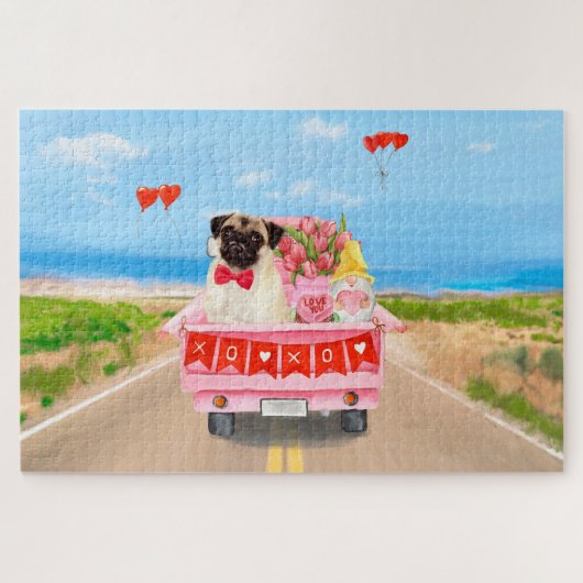 Pug Dog Valentijnsdag Truck Hearts Legpuzzel (Horizontaal)