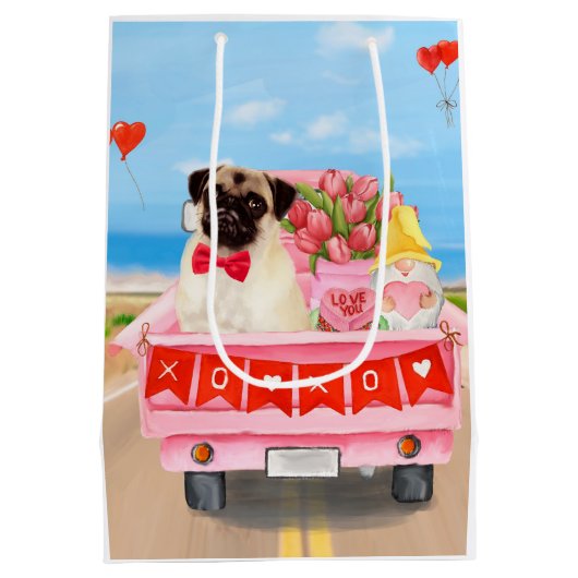 Pug Dog Valentijnsdag Truck Hearts Medium Cadeauzakje (Achterkant)