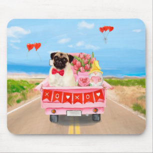 Pug Dog Valentijnsdag Truck Hearts Muismat