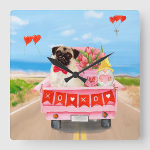 Pug Dog Valentijnsdag Truck Hearts Vierkante Klok