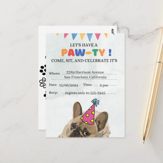 Pug Dog Verjaardagsfeestje Puppy Paw-ty Verjaardag Briefkaart (Voorkant / Achterkant in situ)