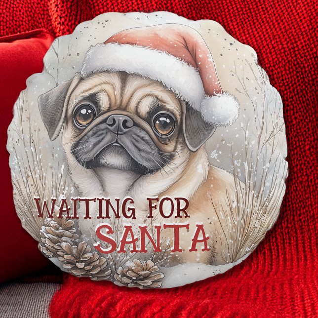 Pug Dog Wachten Op De Kerstman Waterverf Rond Kussen (Pug Dog Waiting For Santa Christmas Watercolor Custom Round Pillow; personalize the message)