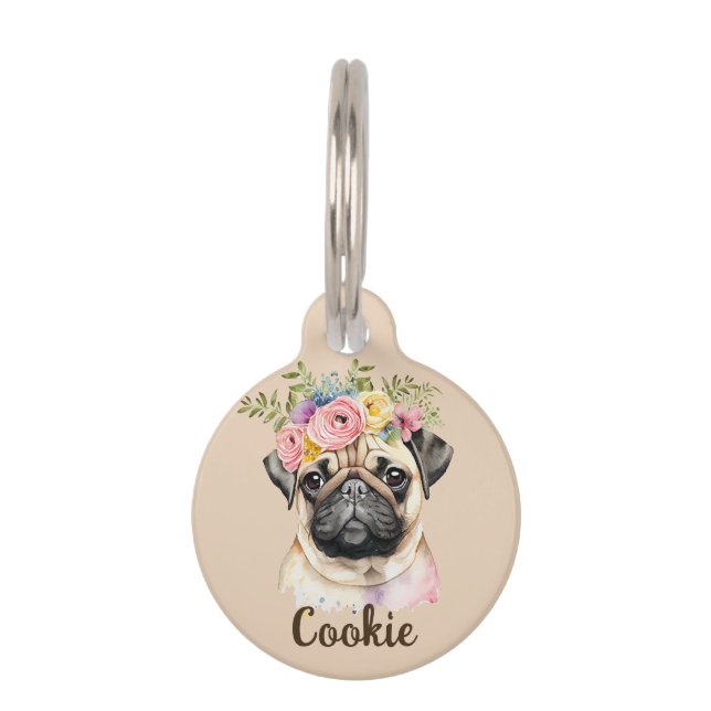 PUG Dog Waterverf Flower Ronde Pet Tag Huisdierpenning (Voorkant)