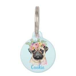 PUG Dog Waterverf Flower Ronde Pet Tag Huisdierpenning