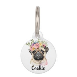 PUG Dog Waterverf Flower Ronde Pet Tag Huisdierpenning