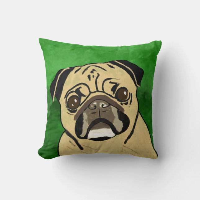 Pug Dog Waterverf Kunstportret Kussen (Voorkant)