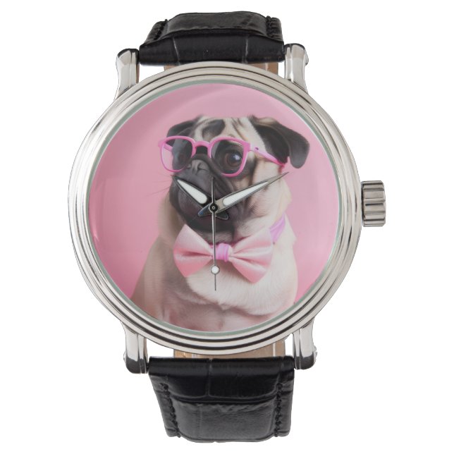 pug dog wearing bow horloge (Voorkant)
