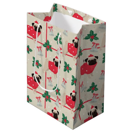 Pug Dog Wearing Sweater & Kerstkerstkerstkerstkers Medium Cadeauzakje (Voorkant Gekanteld)