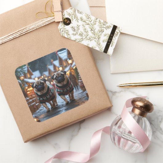 Pug Dogs Christmas Snow Holiday Vierkante Sticker (Geschenken)