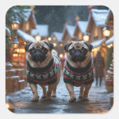 Pug Dogs Christmas Snow Holiday Vierkante Sticker (Voorkant)