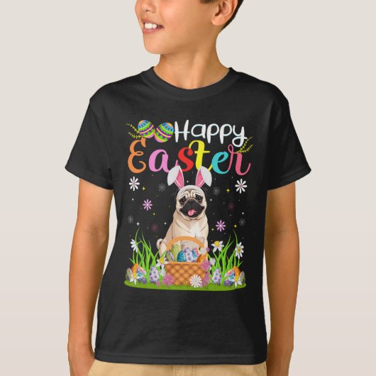 Pug Dogs Happy Easter Egg Hunt Bunny Ear Easter T-shirt (Voorkant)